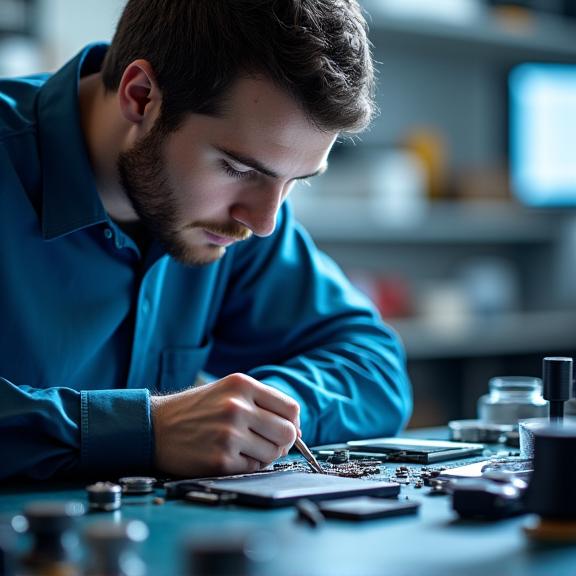 Ein Techniker von Alpenhandy bei einer präzisen Reparatur.